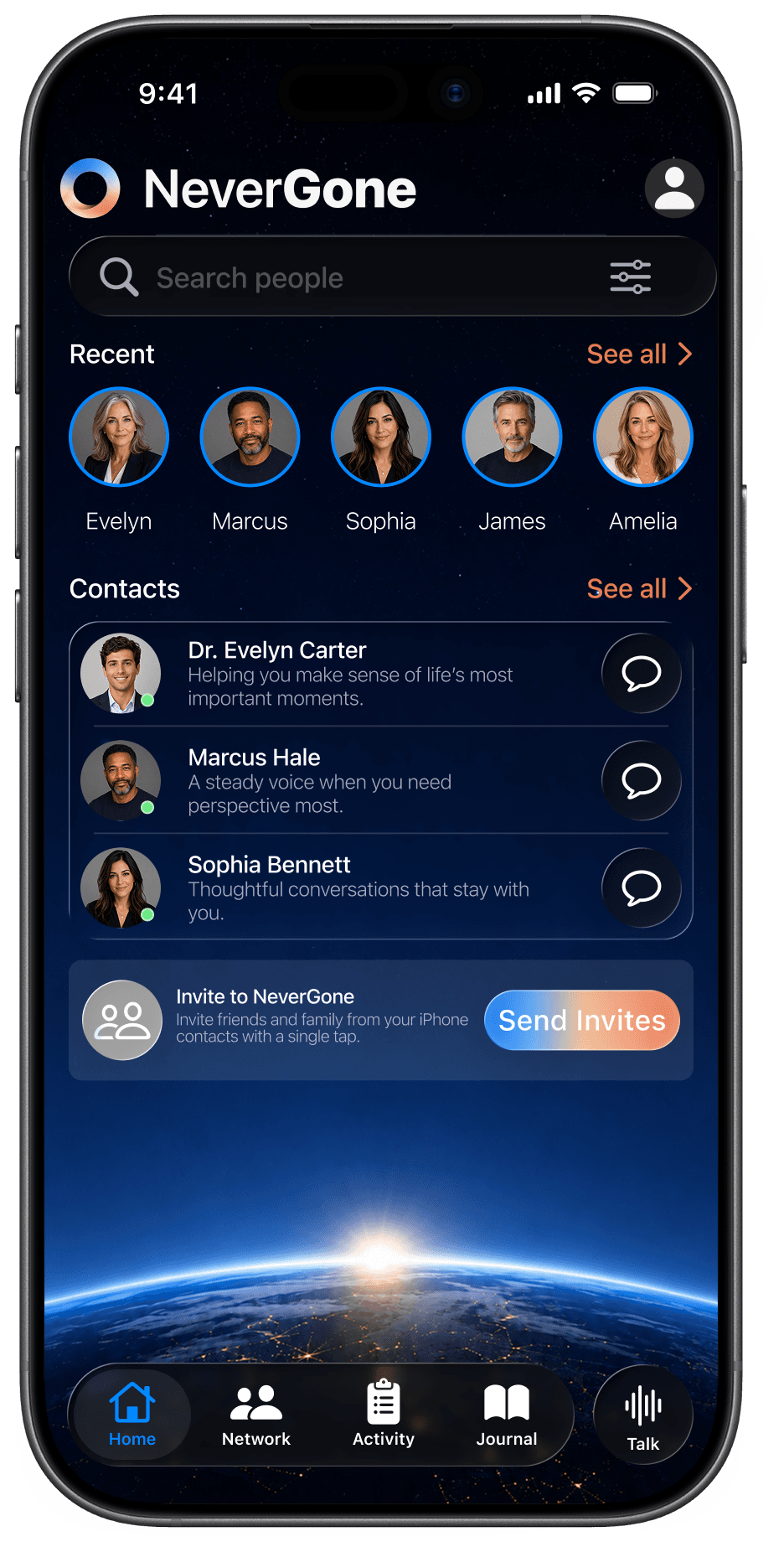 NeverGone Network screen