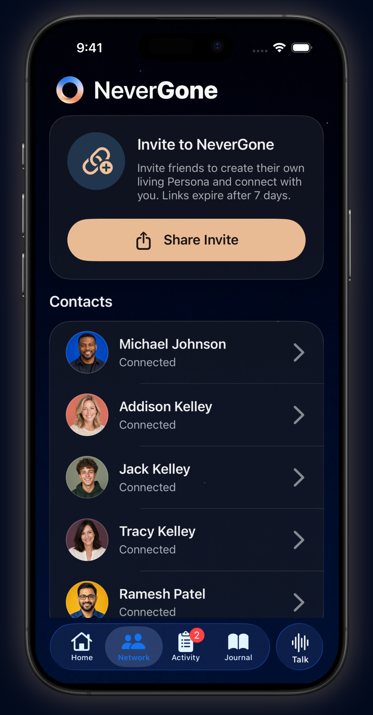 NeverGone people connection screen