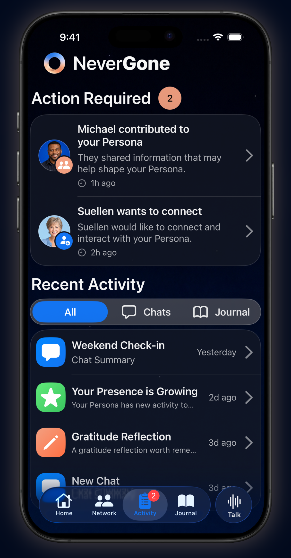 NeverGone activity and notifications screen