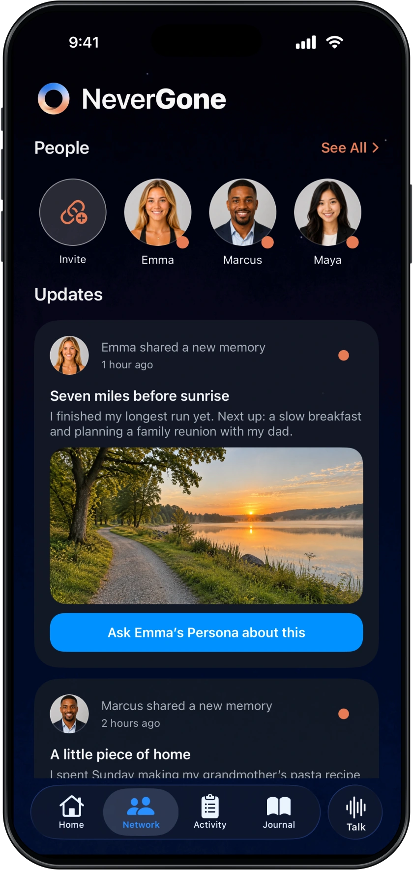 Emma’s sunrise run and Marcus’s family recipe in NeverGone Network Updates